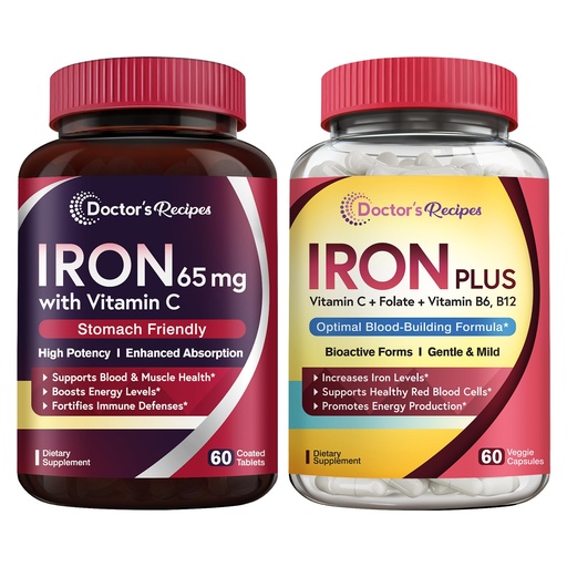 [BRSRAFI2A4IRM2D2] Doctor's Recipes Iron 65 mg & Iron Plus Bundle, Healthy Iron Levels & Blood Support, Iron Tablets 60 ct & Iron Capsules 60 ct