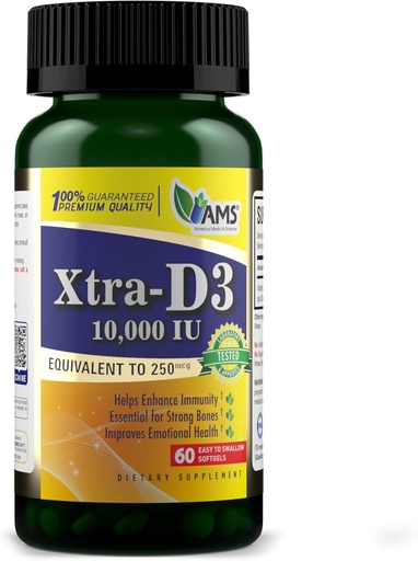 [BRSWYZA2O56RM3IZ] America Medic & Science Xtra D3 Vitamin D 10,000 IU (250 mcg) Cholecalciferol Supplement for Men & Women (60 Easy to Swallow Softgels) Best for Bone, Heart Health, Immune System Support, Lung Function