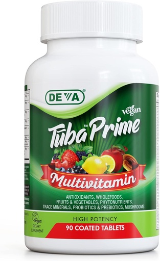 [BRSW2ZIKBACQ433G] DEVA Tuba Prime Vegan Multivitamin - Vysoce potentní vitamin a minerální dietní dodatek - Antioxidanty, Ovocné a zeleninové směsi, Super Houby, Probiotika, Prebiotika, Semena, Bylinky - 90 Tablety