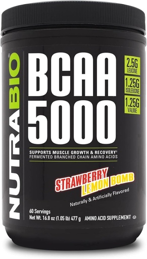 [BRSWGAYEDF7RSGYV] NutraBio BCAA 5000 poudre - végan fermenté BCAA - soutient la croissance musculaire maigre, la récupération, l'endurance - 60 portions - bombe au citron de fraise