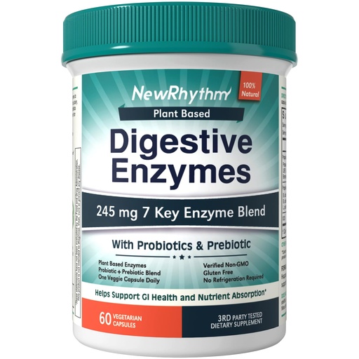 [BRSRAFQ7OIBQKC34] NewRhythm Digestive Enzymes 245 mg, with Probiotics and Prebiotics, Plant Based, 7 Key Enzymes, Digestion, Nutrient Absorption, Protease Amylase & Lipase, 60 Vegan Capsules