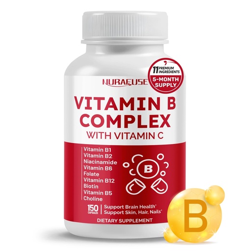 [BRSRAHQZO4IQACIY] Vitamin B Complex Vitamin B1, B2, 6,9,12 Niacin, with Vitamin C - Support Brain Health, Energy Levels, Skin, Hair, and Nails