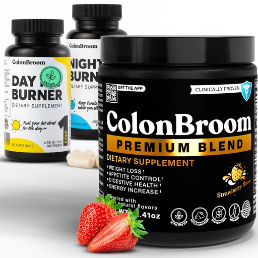 [BRSRABAKAAHA4CY4] ColonBroom Premium Psyllium Husk Powder, Colon Broom Colon Cleanser Fiber Supplement for Bloating Relief & Gut Health + Day & Night Burner Supplements, Weight Management Pills (60 Servings), 3 Items