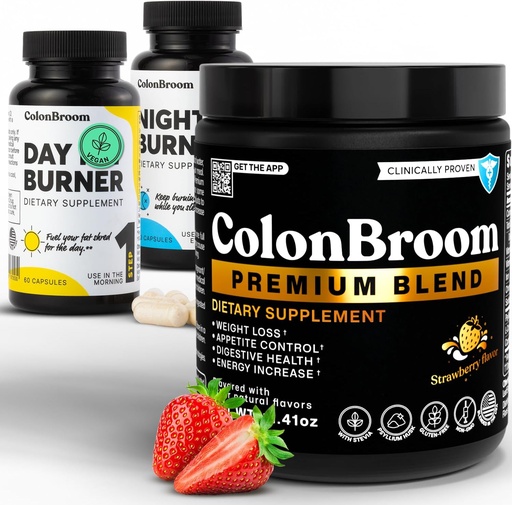 [BRSRABAKAAHA4CY4] ColonBroom Premium Psyllium Husk Powder, Colon Broom Colon Cleanser Fiber Supplement for Bloating Relief & Gut Health + Day & Night Burner Supplements, Weight Management Pills (60 Servings), 3 položky