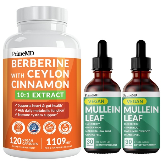 [BRSRAAIYOYCBOETD] 21-in-1 Berberine Supplement with Ceylon Cinnamon Chromium, Bitter Melon and Green Tea Extract (120 ct) & 5-in-1 Mullein Drops for Lungs and Respiratory Lung Health & Bronchial Support (60 Servings)