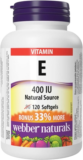 [BRSWIFAOCNYRQYDK] Webber Naturals Vitamin E Natural Source Softgel, 400 IU-120 Softgels