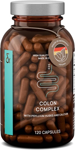 [BRSROCTQA4OQAFLA] Psyllium Hussks капсули - 2200mg Soluble Fiber Допълнение за Сервиране - Колонен комплекс с копър, Карамел и калций - 120 Веган капсули - Произведено в Германия