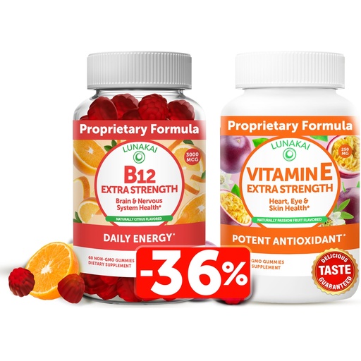 [BRSW2HALBYIRSC3U] Lunakai Vitamin B12 and Vitamin E Gummies Bundle - 3000 mcg Gummies for Adults Energy Support and Bone Health - 250 mg 1000 iu Natural VIT E Plus C Supplements
