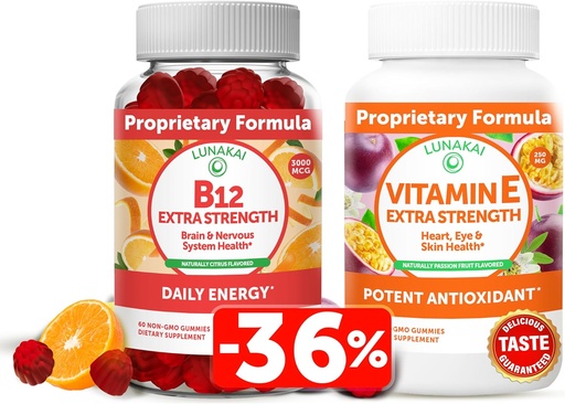 [BRSW2HALBYIRSC3U] Lunakai Vitamin B12 and Vitamin E Gummies Bundle - 3000 mcg Gummies for Adults Energy Support and Bone Health - 250 mg 1000 iu Natural VIT E Plus C Supplements