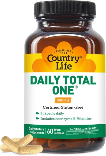[BRSWIY3YOQIBQDD4] Country Life Daily Total Multivitamin, Iron Free Once a Day Multivitamin & Multimineral Complex, A, C, D bitaminak, Coenzyme B-Vitamins barne, Energia Metabolismoa onartzen du, 60 kapsula Vegan