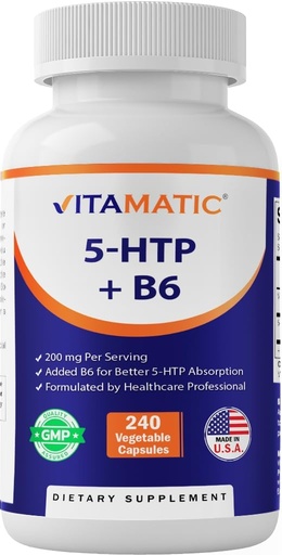 [BRSRAZQ7BMNAMCD3] Vitamatic 5-HTP 200mg with B6 5mg Per Serving - 240 Vegetarian Capsules (5-Hydroxytryptophan) - (Griffonia Simplicifolia Seed Extract)