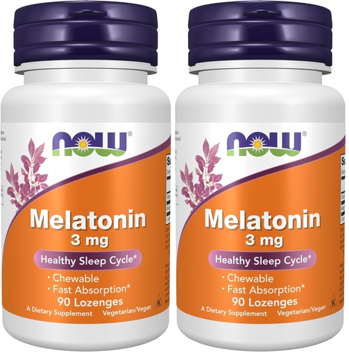 [BRSRMGLYCINAE3LV] NOW Supplements, Melatonin 3 mg, Free Radical Scavenger*, Healthy Sleep Cycle*, 90 Chewable Lozenges (Pack of 2)