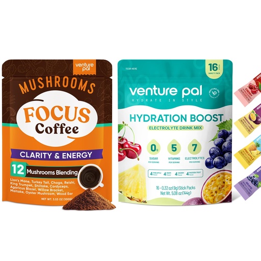 [BRSRAHYHCEMQ2HYZ] Venture Pal Mushroom Coffee & Electrolyte Powder Bundle: 12 in 1 Coffee with Ashwagandha & Sugar-Free Electrolyte Packets for Focus, Immunity, Hydration & Recovery - 40 Servings & 16 Sticks
