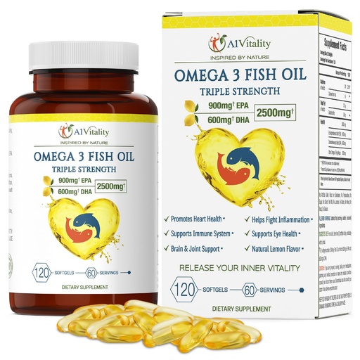 [BRSWGHA6DMCBQDI7] Omega 3 Triple Strength EPA DHA Supplement - 2500mg Lemon Flavored Burpless Fish Oil - High Potency 900mg EPA 600mg DHA Supports Circulation, Brain, Heart, Eye, Skin, Bone & Joints - 120 Softgels
