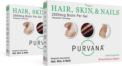 [BRSWIYYMOJ6GGDIV] Wellgenix Purvana Vlasy, koža a nechty Vitamín - Softgels pre vysokú absorpciu - Double Strength 2500mcg Biotin, VIT A & B (30 Počet) (Stoj 2)