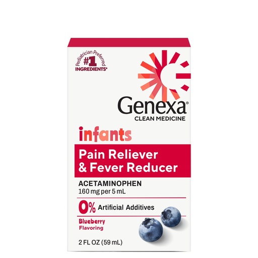[BRSW22QKCNYGYDTX] Genexa Infants' Clean Acetaminophen | Pediatrician Preferred Ingredients | Pain Reliever & Fever Reducer for Babies| Dye Free, 0% Artificial Additives | Delicious Organic Blueberry Flavor, 2 fl oz
