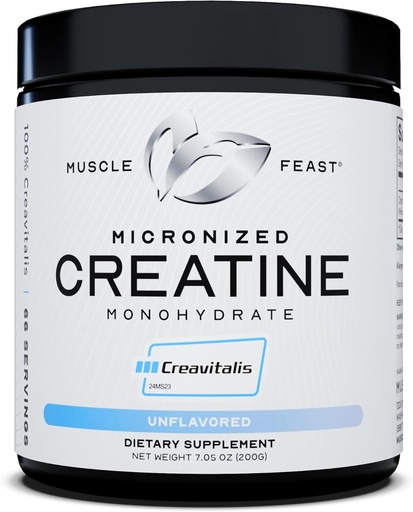 [BRSRAYLRA4FBSFYZ] Muscle Feast Creavitalis Micronized Creatine Monohydrate Powder | Premium Pre-Workout or Post-Workout | Easy to Mix, Gluten-Free, Safe and Pure, Kosher Certified (200g | 66 Servings), Unflavored