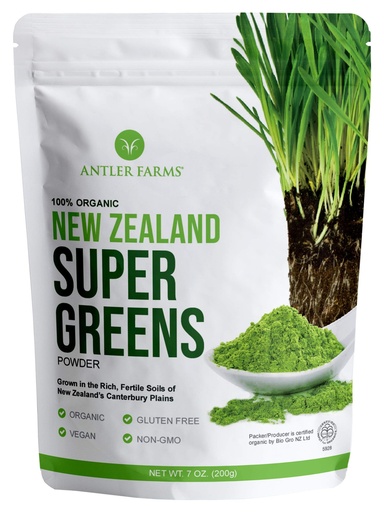 [BRSWKHD6CMAR4HA2] Antler Farms - 100% Pure Organic New Zealand Super Greens Powder, 40 Servings, 200g - Wheat Grass, Barley Grass, Chlorella, Spirulina - Vegan, Gluten Free, Chlorophyll Rich, for Energy and Detox