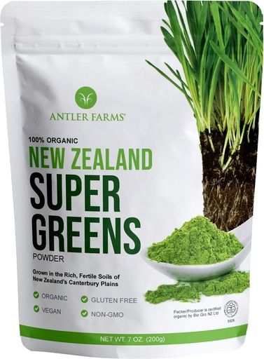 [BRSWKHD6CMAR4HA2] Antler Farms - 100% Pure Organic Yeni Zelandiya Super Greens Toz, 40 Xidmət, 200g - Şəkil Çim, Barley Grass, Chlorella, Spirulina - Vegan, Gluten Free, Chlorophyll Rich, Enerji və Detoxum üçün