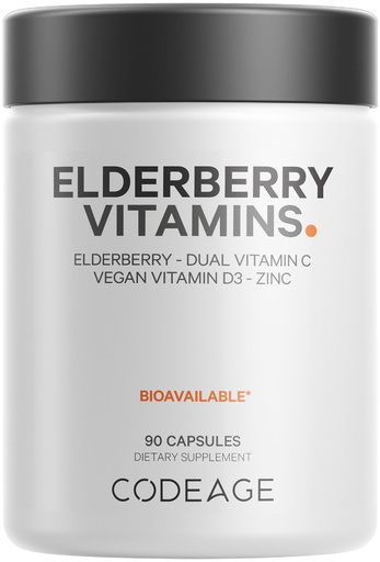 [BRSWYZATOR7BU3Y2] Codeage Elderberry Vitamins - Organic Fermented Elderberry Blend, Vitamin C from Ascorbic Acid & Organic Acerola Cherries, Vitamin D3, Zinc, Sambucus Berries - 90 Capsules
