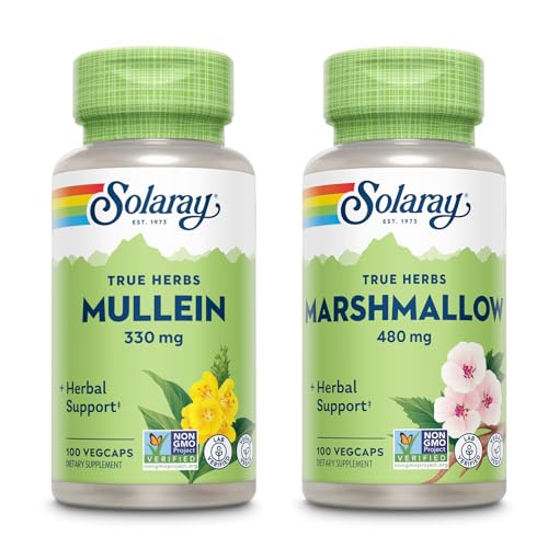 [BRSRAAQOBUIBM23V] SOLARAY Mullein Leaf 330 mg and Marshmallow Root 480 mg - Wellness Bundle - Herbs High in Mucilage Soluble Fiber for Soothing Support - Vegan, Non-GMO, Lab Verified, 60-Day Guarantee, 200/100 VegCaps