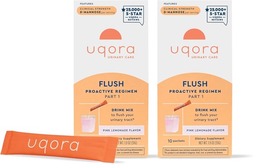 [BRSRAAT2BN7WYA3H] Uqora Flush - Urinary Tract* with D-Mannose, Vitamin C, Vitamin B6, Potassium, Magnesium & Calcium - Gluten-Free & Vegan - Pink Lemonade Flavor - 20 Packets (2 Pack)