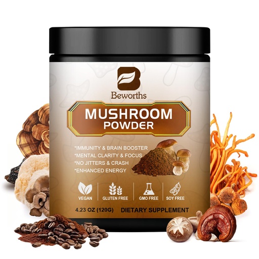 [BRSROYAQDMDQKELG] Mushroom Coffee - Lions Mane Mushroom Powder Instant Coffee with Lion's Mane, Reishi, Chaga, Cordyceps, and Turkey Tail - Mushroom Coffe Alternative for Energy, Mental Clarity & Focus, Brain Booster