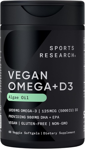[BRSRMZQEAF7QME3J] Sports Research Vegan Omega-3 with Vitamin D3 Softgels - 1020mg Omega-3 & 5000iu D3 Supplement - Fish Oil Alternative with Vitamin D Plant-Based Support from Algae Oil - 60 Veggie Softgels for Adults