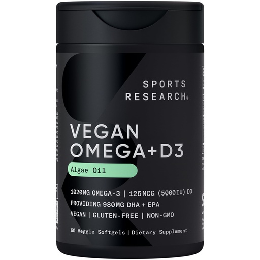 [BRSRMZQEAF7QME3J] Sports Research Vegan Omega-3 with Vitamin D3 Softgels - 1020mg Omega-3 & 5000iu D3 Supplement - Fish Oil Alternative with Vitamin D Plant-Based Support from Algae Oil - 60 Veggie Softgels for Adults