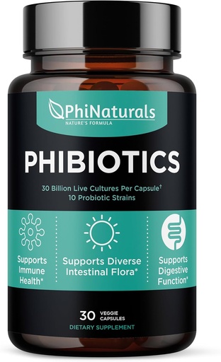 [BRSWKEATAB4AKDTA] PhiNaturals High Potency Probiotics 10 Strains 30 Billion CFUs [30 Vegan Capsules] for Women and Men Digestive Gut Health - Lactobacillus Acidophilus Salivarius Rhamnosus Bifidobacterium Probioticos