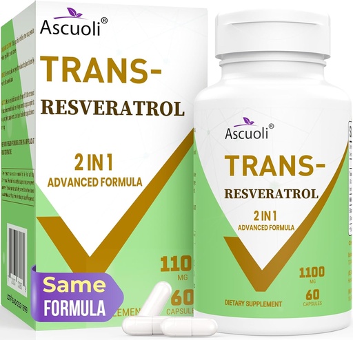 [BRSROYD6C4IWAHI4] 99% Ultra Purity Trans-Resveratrol 1100mg, 3-in-1 Advanced Formula Organic Resveratrol Supplement, Max Antioxidant, Anti-Aging, Hautgesundheit, Zellreparatur, Boost NAD+, Immune & Energy, 60 Caps