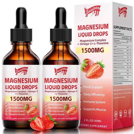 [BRSRAATQCMNRUFYZ] 2 Pack Magnesium Glycinate Liquid Drops, 1500mg Magnesium Liquid Supplement with Vitamin B6, D3, L - Theanine, Omega3,Support Night, Muscle, Bone, Mood, Strawberry Flavor - 4 Fl Oz (120ml) Bottle