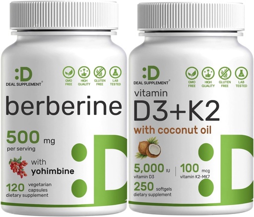 [BRSRAADQB4PBG3QU] DEAL SUPPLEMENT Vitamin D3 5000iu + K2 100mcg Softgels & Berberine Supplement with Yohimbine Bundle – Essential Sunshine Vitamins – High Absorption Hydrochloride HCl Forms