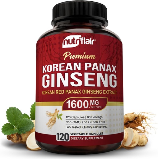 [BRSWGBIOB4PGEFDD] NutriFlair Korean Red Panax Ginseng 1600mg – 120 Vegan Capsules | 5% Ginsenosides | Non-GMO, Gluten-Free | Natural Energy & Focus Support | Made in USA