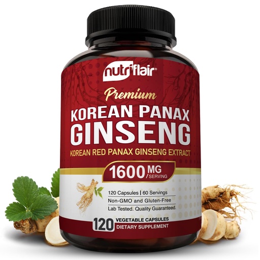 [BRSWGBIOB4PGEFDD] NutriFlair Korean Red Panax Ginseng 1600mg – 120 Vegan Capsules | 5% Ginsenosides | Non-GMO, Gluten-Free | Natural Energy & Focus Support | Made in USA