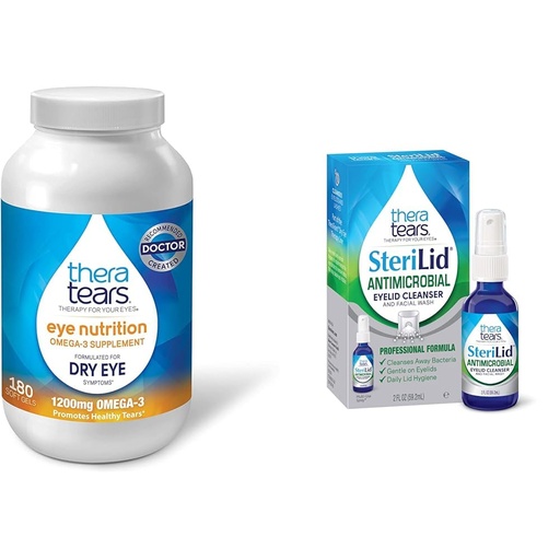 [BRSROCQPPN6Q2CYZ] TheraTears 1200mg Omega 3 Supplement for Eye Nutrition, Organic Flaxseed Triglyceride Fish Oil and Vitamin E, 180 Count & SteriLid Eyelid Cleanser and Face Wash, for Irritated Eyes, 2 fl oz Spray