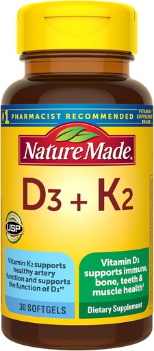 [BRSW2AI3OEBAYYDJ] Natural Made Vitamina D3 K2 Suplemento, 5000 UI (125 mcg) Vitamina D para Bone, Dientes, Muscle e Immune Support, 30 D3 y K2 Softgels, 30 Day Supply