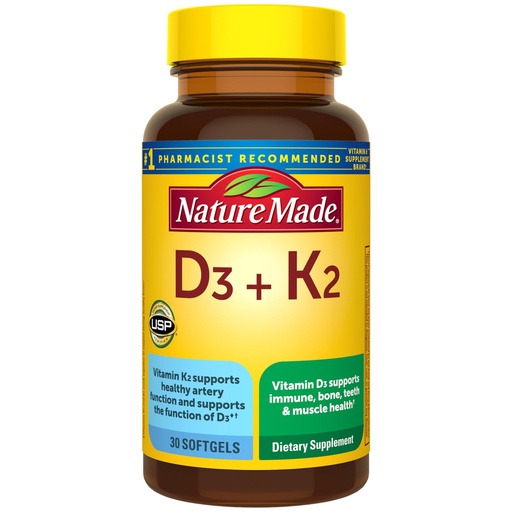 [BRSW2AI3OEBAYYDJ] Nature Made Vitamin D3 K2 Supplement, 5000 IU (125 mcg) Vitamin D for Bone, Teeth, Muscle and Immune Support, 30 D3 and K2 Softgels, 30 Day Supply