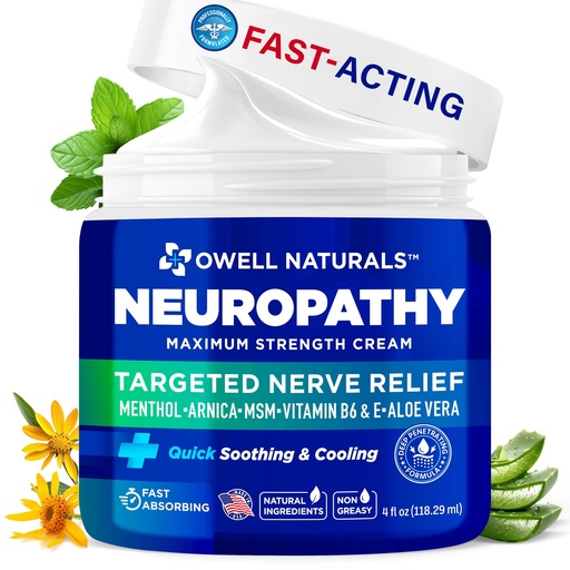 [BRSRMGA6PMPQI3L6] Owell Naturals Neuropathy Cream Extra Strength – Fast Absorbing Cooling for Leg, Feet & Hands – Advanced Soothing Formula with Aloe Vera, Arnica, MSM & Vitamin B6 – Made in USA, 2 fl oz