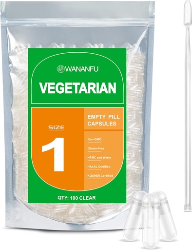 [BRSW2GQ3CN7WYEL4] wananfu Size 1 Empty Capsules Vegetarian (100 Count) Bundle with Micro Lab Spoon, Clear Fillable Veggie Pill Capsules Size 1 for Making Your Own Supplements
