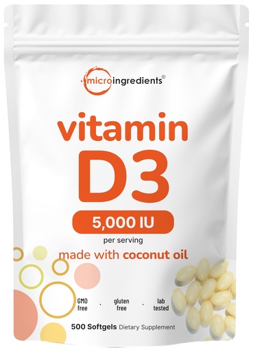 [BRSRAFI3CQFAAFYV] Micro Ingredients Vitamin D3 5,000 IU, 500 Softgels | Virgin Coconut Oil | Cholecalciferol Form | Bone, Immune & Heart Support | Easy to Swallow, Non-GMO