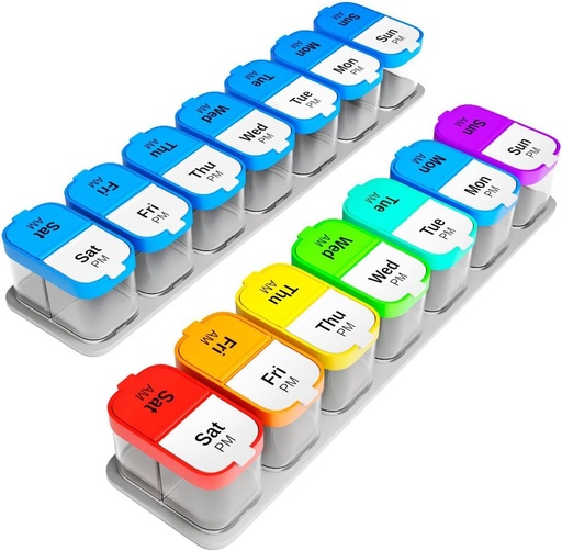 [BRSRABTQAVYBUD3A] Extra Large Weekly Pill Organizer Set - 2 XL Vitamin Holders with 7 Depachable AM PM Compartments - Надежден медицински диспенсер за дома и пътуването, Преносим контейнер, Rainbow & Blue/White