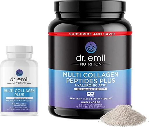 [BRSROBAHBYHR6FDZ] DR. EMIL NUTRITION Complete Multi Collagen Bundle - Double The Collagen & Double The Hair, Skin & Nails Benefits - Collagen Peptide Pills & Collagen Powder Bundle (30 Servings)