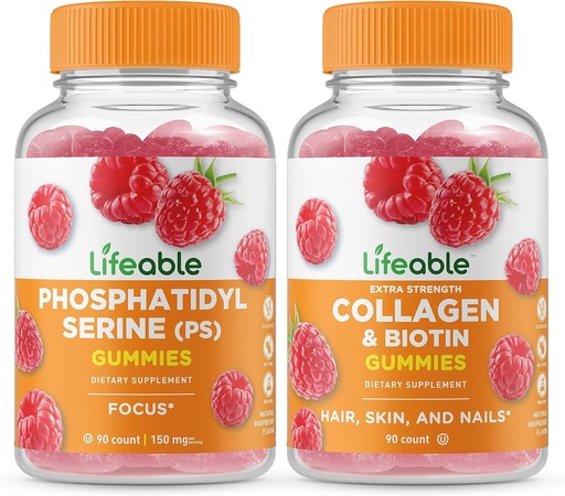 [BRSROFL7C55WM3TL] Lifeable Phosphatidylserine (PS) + Collagen & Biotin, Gummies Bundle - Great Tasting, Vitamin Supplement, Gluten Free, GMO Free, Chewable Gummy