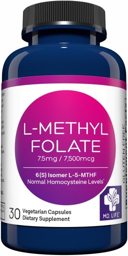 [BRSWG2QBC55BSE3K] MD Life L-metylfolat 7,5 mg Supplement - Professional-Grade Active L Metylfolat Supplement - 30 kapsler - L-metylfolat 7,5 mg - Maksimal styrke MTHFR W / essensielle Aminosyrer
