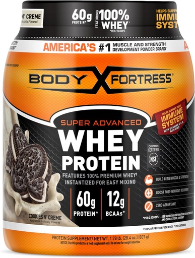 [BRSRMGAFAENBUD3U] Body Fortress Super Advanced Whey Protein Powder, Cookies N’ Creme, 60g Protein & 12g BCAAs Per 2 Scoops, Muscle Gain & Recovery, Immune Support with Vitamins C & D, 1.78lbs (Packaging May Vary)