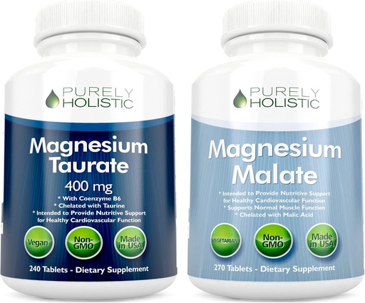 [BRSRMFD4CIFQMCDL] Magnesium Taurate 400mg + Magnesium Malate 400mg - Highly Bioavailable - High Absorption Bundle - 270 + 270 Tablas Vegetarianas