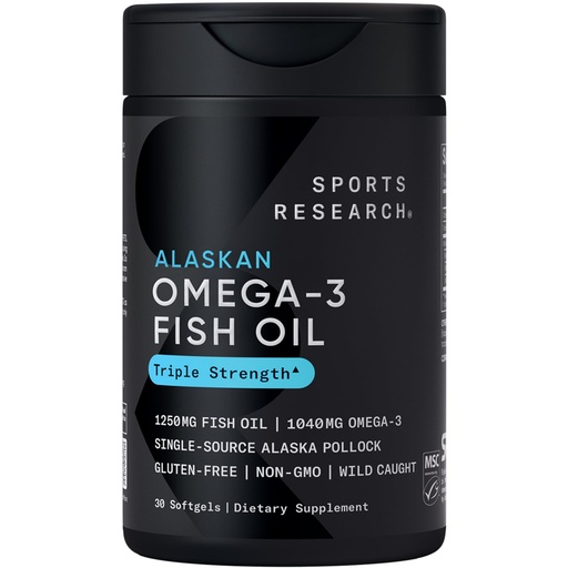 [BRSWGH3QBN6B4HTA] Sports Research Triple Strength Omega 3 Fish Oil 1250mg from Wild Alaska Pollock - Burpless Fish Oil Supplement with Omega3s EPA & DHA - Sustainably Sourced, Non-GMO, Gluten Free - 30 Softgels