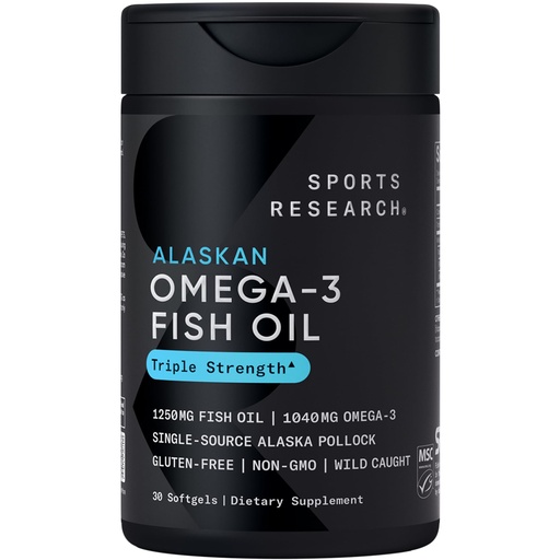 [BRSWGH3QBN6B4HTA] Sports Research Triple Strength Omega 3 Fish Oil 1250mg from Wild Alaskan Pollock - Burpless Fish Oil Supplement with Omega-3 EPA & DHA - Sustainably Sourced, Non-GMO, Gluten Free - 30 Softgels