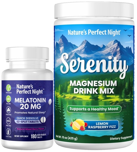 [BRSRACQKBUCBAYDZ] Nature's Perfect Night Melatonin 20mg Quick Dissolve Mixed Berry 180 Count with Serenity Magnesium Powder 15 oz Lemon Raspberry